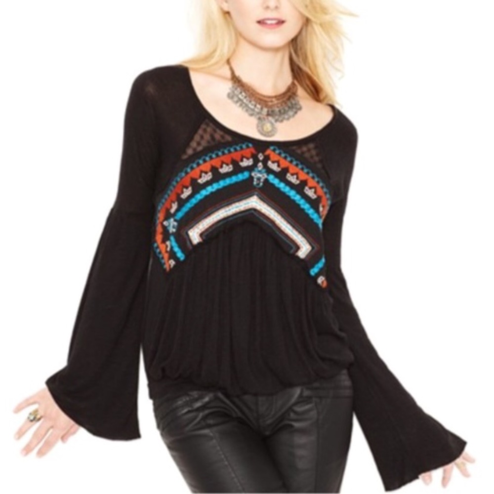 Free People Peasant Sleeve Embroidered Top